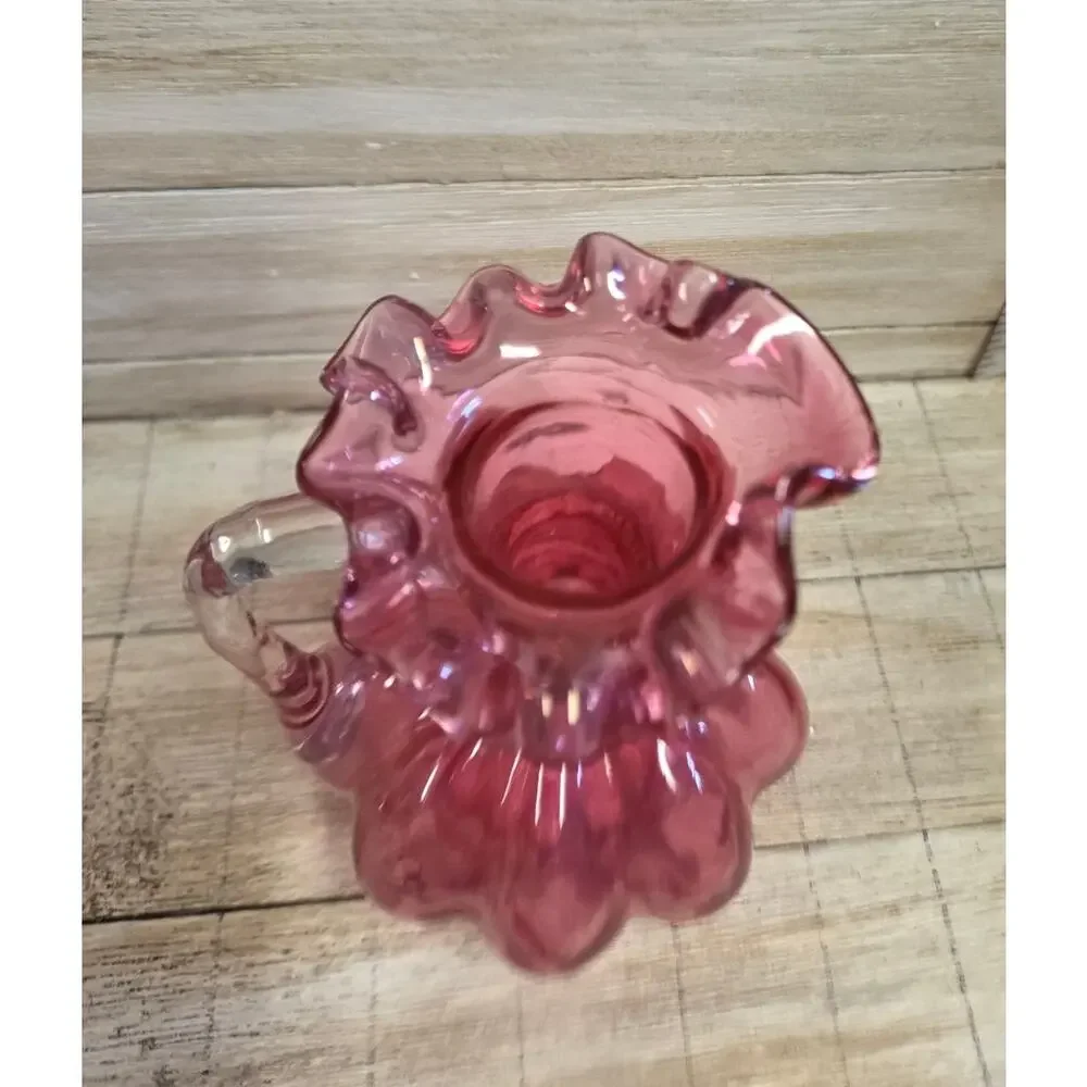 Fenton Cranberry Melon Optic Mini Pitcher Ruffled Rim Applied Clear Handle Vase